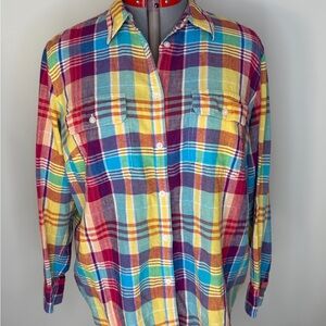 Chaps Shirt Womens 2X Multicolor Plaid Linen Cotton Long Sleeve Button Up Top